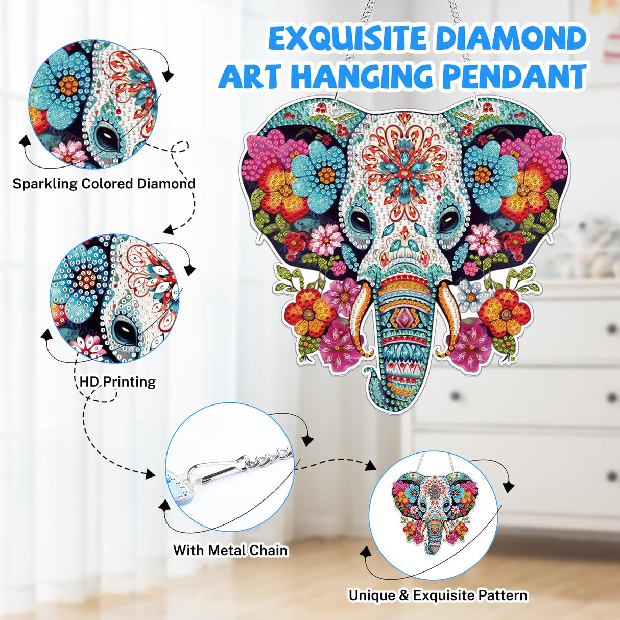 Bowetile Elephant Diamond Art Hanging Kits for Adults Kids, 5D Special Shape Diamond Painting Flowers Pendant Kits, Animal Gem Art Suncatchers Painting Ornament for Home Garden Wall Decor Bowetile