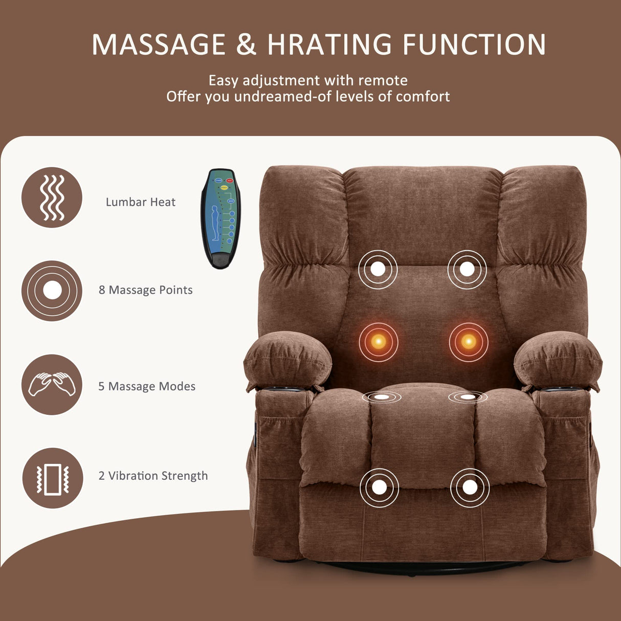 Soft Fabric Recliner Chair With Heat and Massage - Oversized Manual Rocking Recliner for Adults - Big and Tall With 2 Cup Holders for Living Room Fantasylab