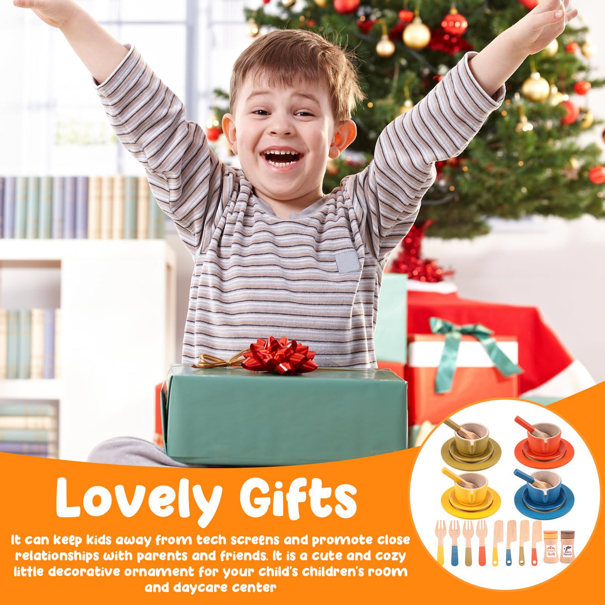 FALESOUL 26Pcs Wooden Toy Kitchen Dish Set, Toddler Plates and Cutlery Set Toy with Plates Cups Spoons, Toy Kitchen Accessories Kids Role Play Gift for Age 3+ Years FALESOUL