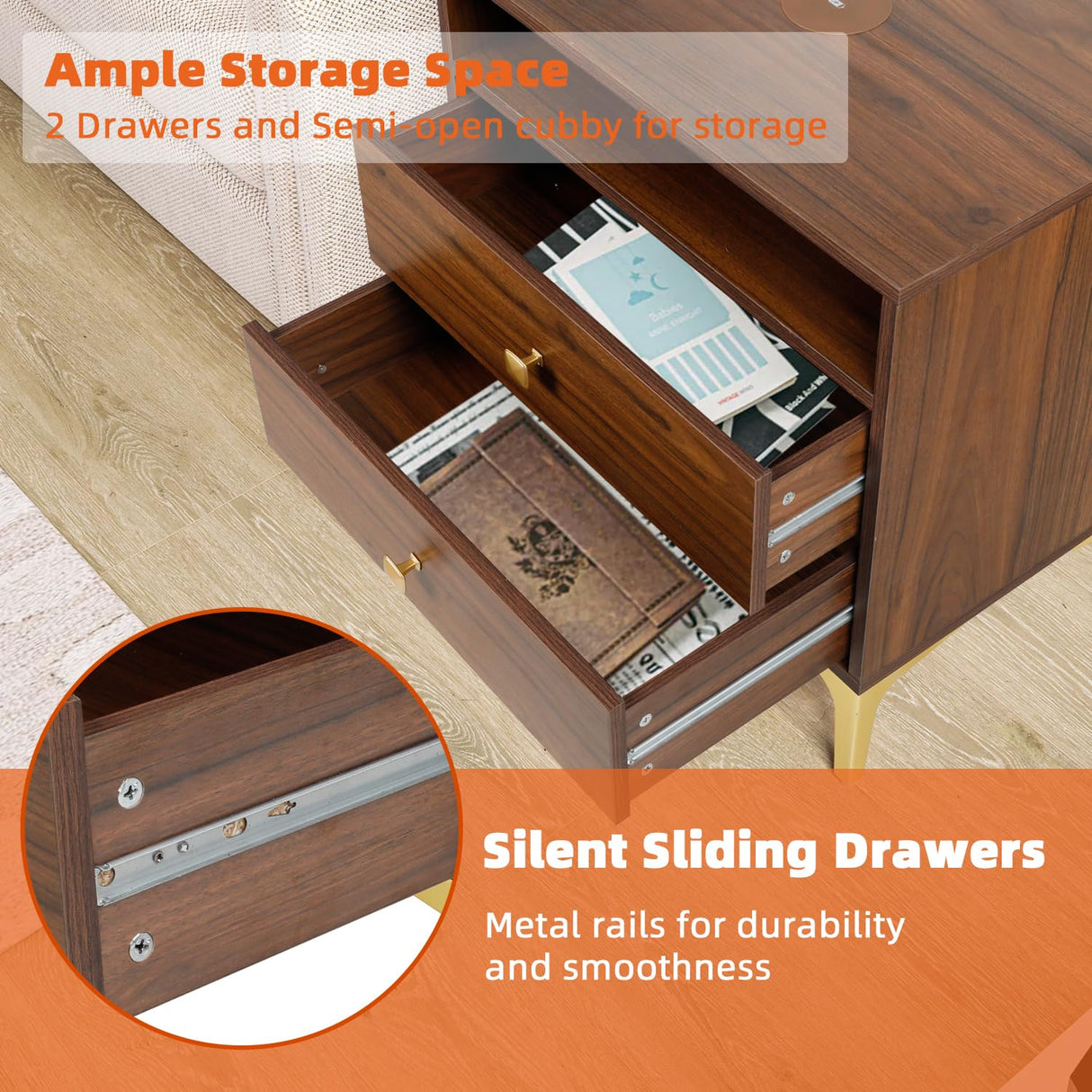 AILEEKISS Nightstands Set of 2 with Wireless Charging Function Wooden Night Stands 2 Sets with Drawers and Open Shelf Storage End Table Home Bedside Table for Bedroom (Brown 2 Sets) AILEEKISS