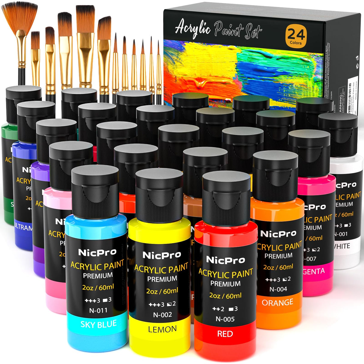 Nicpro 24 Colors Acrylic Paint Set (2 oz, 60 ml) with 12 Brushes, Non Toxic Art Supplies Kit for Rock Painting, Multi Surface Canvas Clay Wood Fabric Craft Ceramic, for Kid & Adult Beginner Nicpro