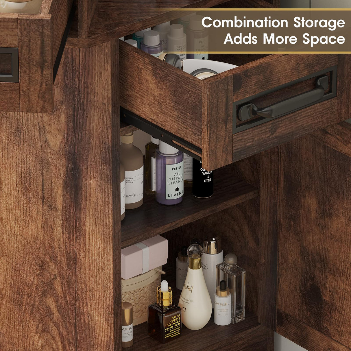 Maupvit Makeup Vanity Desk, Corner Vanity Desk with Mirror and Lights, Farmhouse Vanity Table with 10 Bulbs&4 Charging Stations, Makeup Desk with 3 Drawers&Cabinet, 3 Lighting Modes Adjustable, Brown Maupvit