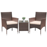 Greesum 3 Pieces Patio Dining PE Rattan Wicker Chair Furniture Set with Cushion and Glass Coffee Table for Outdoor Garden Backyard Poolside, Brown and Beige Greesum