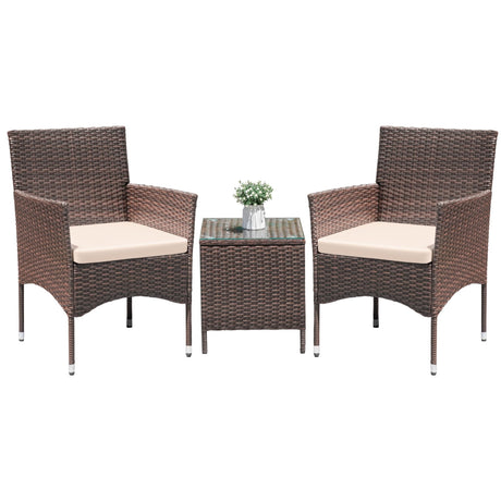 Greesum 3 Pieces Patio Dining PE Rattan Wicker Chair Furniture Set with Cushion and Glass Coffee Table for Outdoor Garden Backyard Poolside, Brown and Beige Greesum