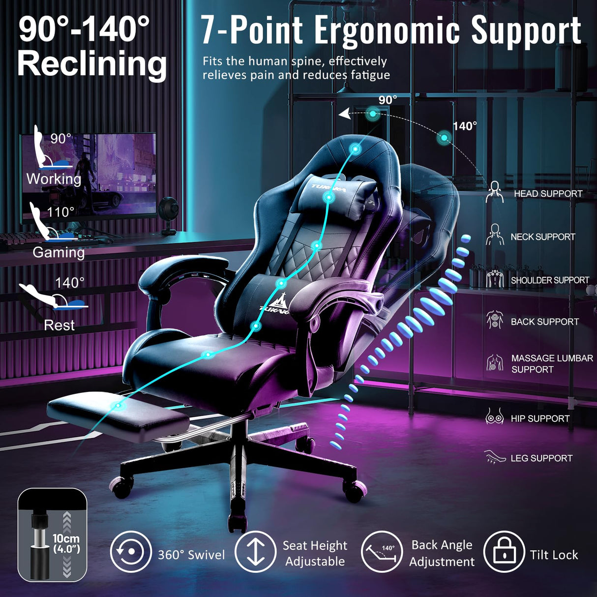TUKAKA Gaming Chair,Ergonomic Massage Computer Office Desk Chair with Footrest,Pocket Spring Cushion,Reclining Leather Adjustable Gamer Chair with Headrest and Lumbar Support,Black TUKAKA