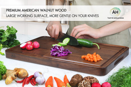 AZRHOM Large Walnut Wood Cutting Board for Kitchen 17x11 (Gift Box) with Juice Groove Handles Non-slip Mats Thick Reversible Butcher Block Chopping AZRHOM