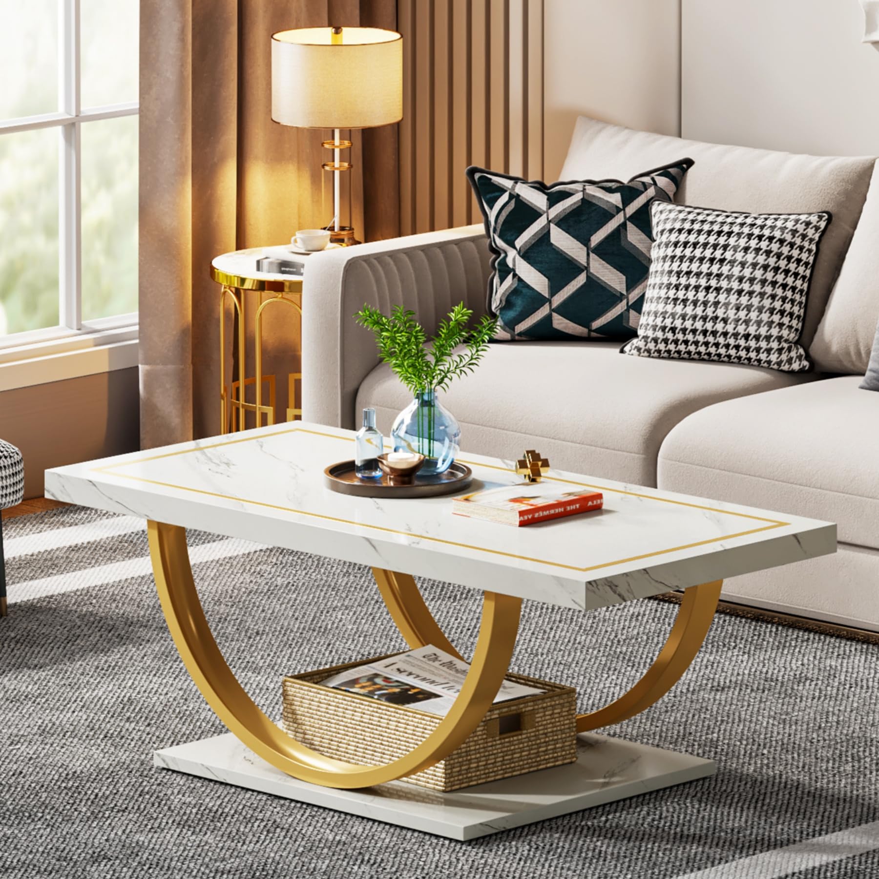 Tribesigns Modern Coffee Table White Gold Coffee Table Rectangle Coffee Table for Living Room, Engineered Wood Coffee Table with Faux Marble Veneer and Heavy Duty Metal Frame - WoodArtSupply