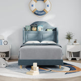 GarveeHome Upholstered Twin Bed Frame with LED Lights, Velvet Platform Bed Frame with Wing Back Storage Headboard, Wood Slats Support, No Box Spring Needed, Easy Assembly, Blue GarveeHome