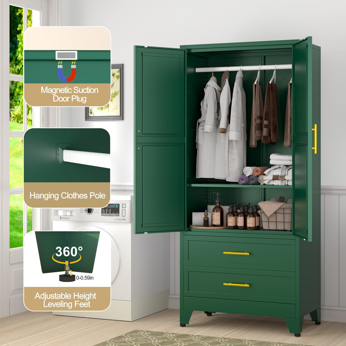 71" Metal Armoire Wardrobe Closet, Metal Wardrobe Cabinet with Hanging Rod (Green) GAIOUS