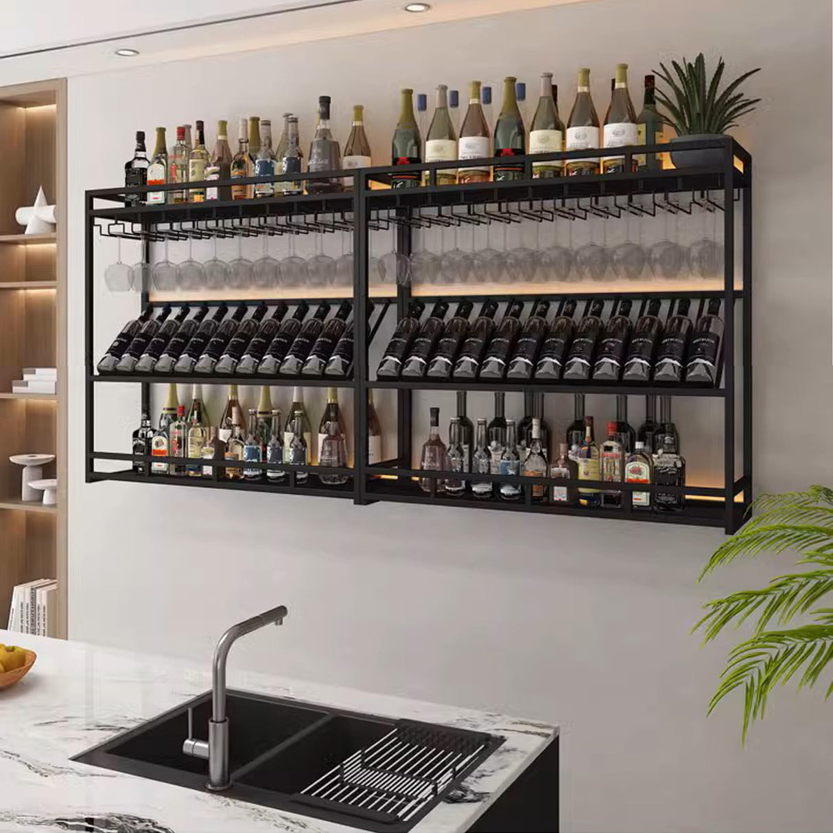 Wall Mounted Wine Rack with LED Lighting Glass Holder, Liquor Bottles Shelves Display Storage Organizer Hanging Long Stemware Goblet Metal for Home Mini Bar Cellar Black WoodArtSupply