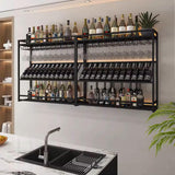 Wall Mounted Wine Rack with LED Lighting Glass Holder, Liquor Bottles Shelves Display Storage Organizer Hanging Long Stemware Goblet Metal for Home Mini Bar Cellar Black WoodArtSupply