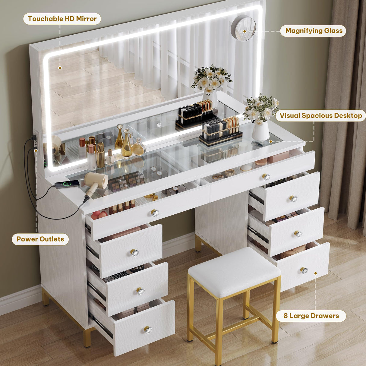 YITAHOME Vanity Desk Set- 48" Large Makeup Vanity with Mirror and Lights 3 Lighting Modes, Dressing Table with Charging Station, Makeup Desk with 8 Drawers, for Bedroom and Dressing Room, White YITAHOME