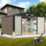 Garvee 10×8FT Outdoor Storage Shed, Metal Waterproof Garden Storage Shed Galvanized Steel Utility Tool Shed with Lockable Doors & Vents, All-Weather Shelter for Bike/Kids Car/Mowers/Tool, etc. Brown Garvee