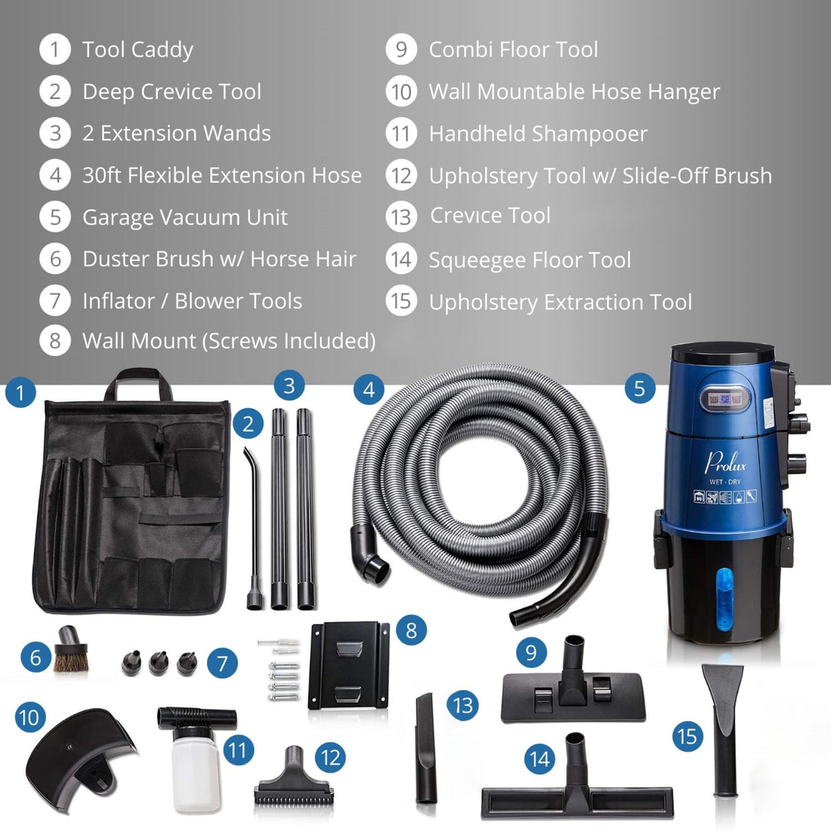 Prolux Professional Shop Blue Wall Mounted Garage Vac, Wet Dry Pick Up Prolux