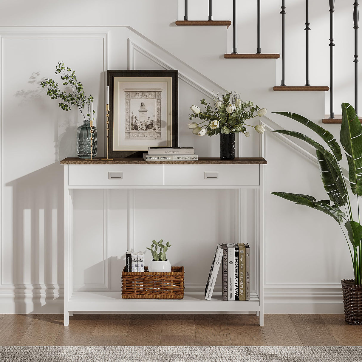 ChooChoo Farmhouse Console Table with Drawer, Mission Narrow Entryway Sofa Table with Storage, for Entryway, Living Room and Hallway, Soft White and Brown ChooChoo