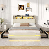 Maupvit Queen LED Bed Frame with Storage Headboard, 4 Storage Drawers & Charging Station, Metal Support Base, No Box Spring Needed, Beige Maupvit