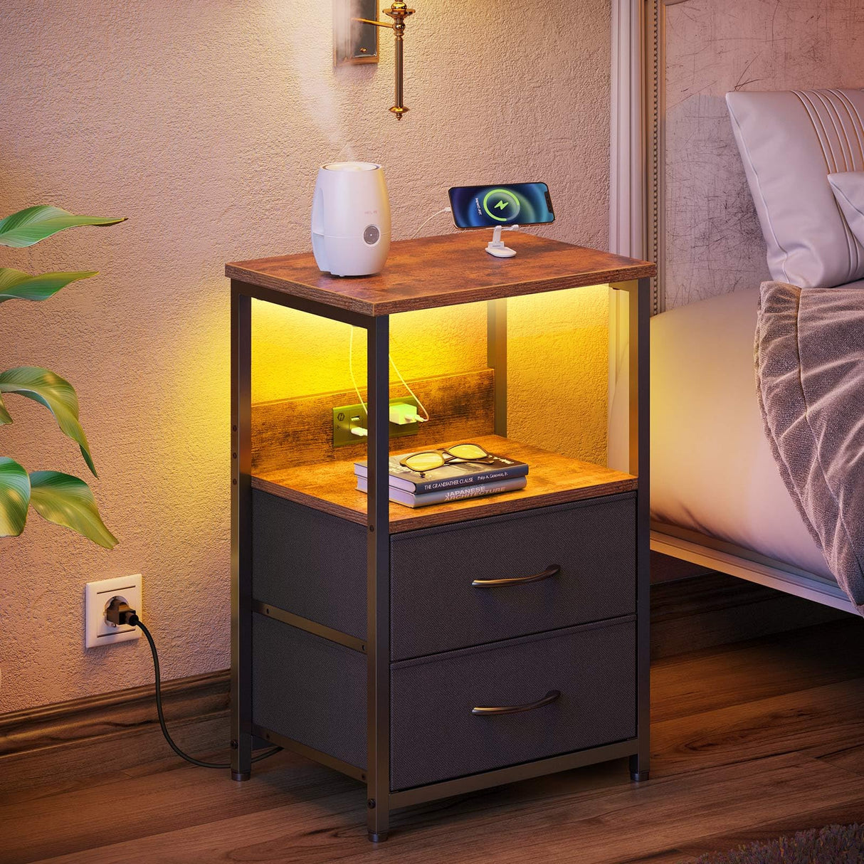 Seventable Nightstand Set of 2 with Charging Station, Bedside Table with LED Lights, Night Stand with 2 Fabric Drawers, 3-Tier Storage End Table for Bedroom, Rustic Brown Seventable