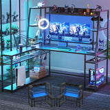 armocity 63'' L Shaped Gaming Desk with LED Lights & Power Strips, Reversible Gaming Table Desk with Hutch, L-Shaped PC Gaming Desk with Storage Shelves, L Desk for Gaming with Monitor Stand, Black armocity