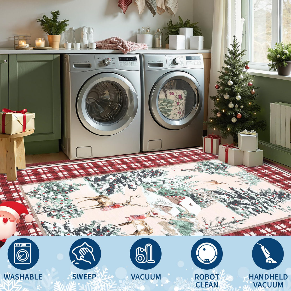 GarveeHome Christmas Washable Rug for Living Room, 6x9 Holiday Decor Area Rug for Bedroom Soft Low Pile Christmas Tree and Deer Rug Non Slip Throw Large Carpet for Dining Room Nursery, Red GarveeHome