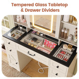 BTHFST Farmhouse Vanity Desk with Sliding Mirror and Lights, Large Makeup Vanity with Glass Top & Charging Station, Vanity Table with 5 Drawers & Shelves & Cabinets, Antique White BTHFST
