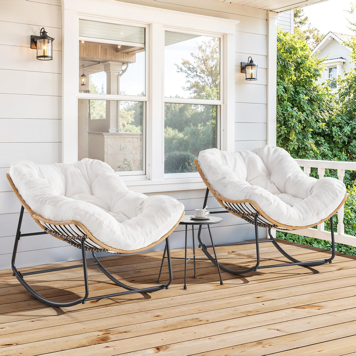 ONBRILL Outdoor Rocking Chairs, Oversized Papasan Rocking Chair Indoors with Padded Cushions, Rattan Wicker Lounge Chair for Living Room, Porch, Patio, Garden ONBRILL
