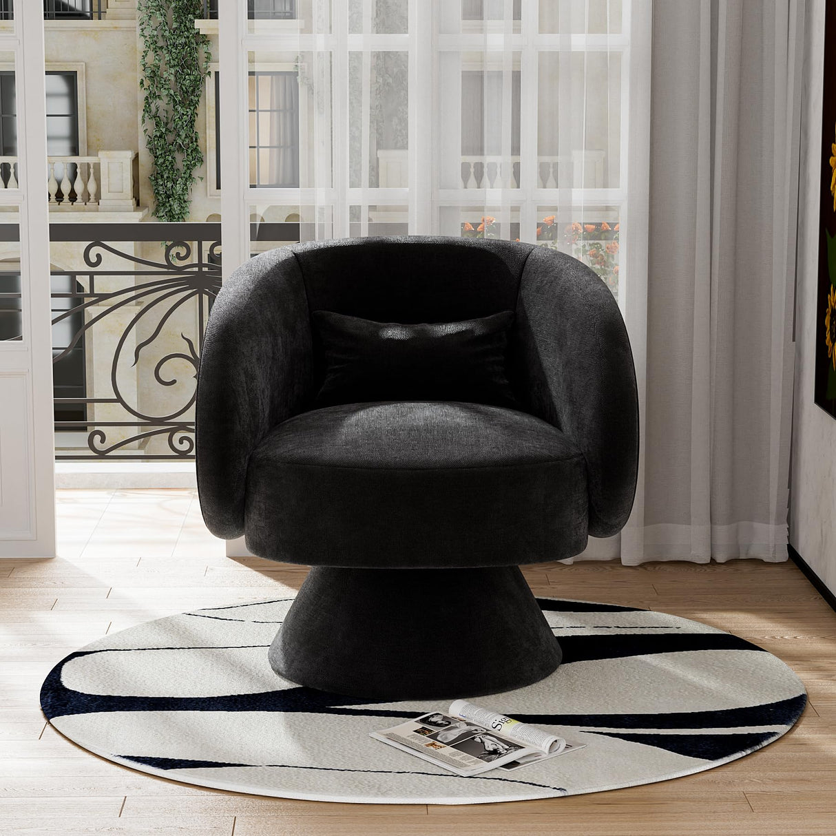 Nolohoo Swivel Barrel Chair Set of 2, Upholstered Swivel Cuddle Accent Chairs for Living Room, Comfy 360 Degree Modern Small Round Armchair for Bedroom, Office (Black, Linen) Nolohoo