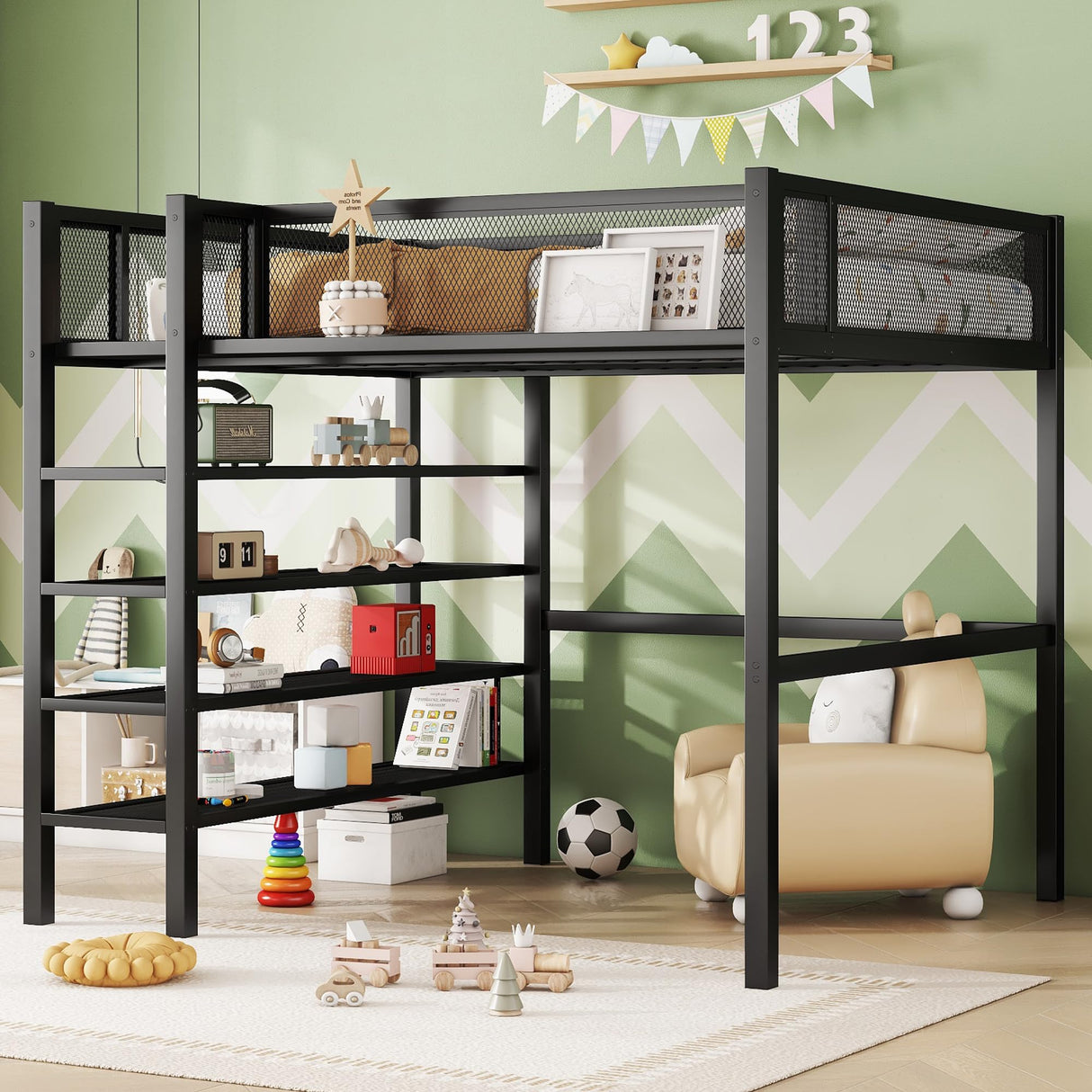 Bellemave Full Size Loft Bed with 4-Tier Shelves and Storage, Metal Loft Bed with Bookshelf, Full Size Loft Bed with Storage Stairs(with Bookshelf, Black) Bellemave