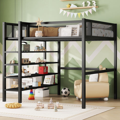 Bellemave Full Size Loft Bed with 4-Tier Shelves and Storage, Metal Loft Bed with Bookshelf, Full Size Loft Bed with Storage Stairs(with Bookshelf, Black) Bellemave