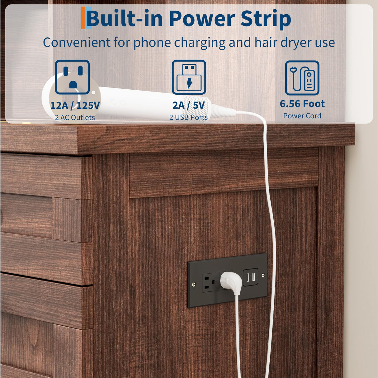 Vanity Desk with HD Mirror, LED Lights and Charging Station, Farmhouse Makeup Table with 2 Drawers and Cushioned Stool Dressing Table Shelves and Side Organizer for Bedroom Dressing Room, Brown GarveeHome