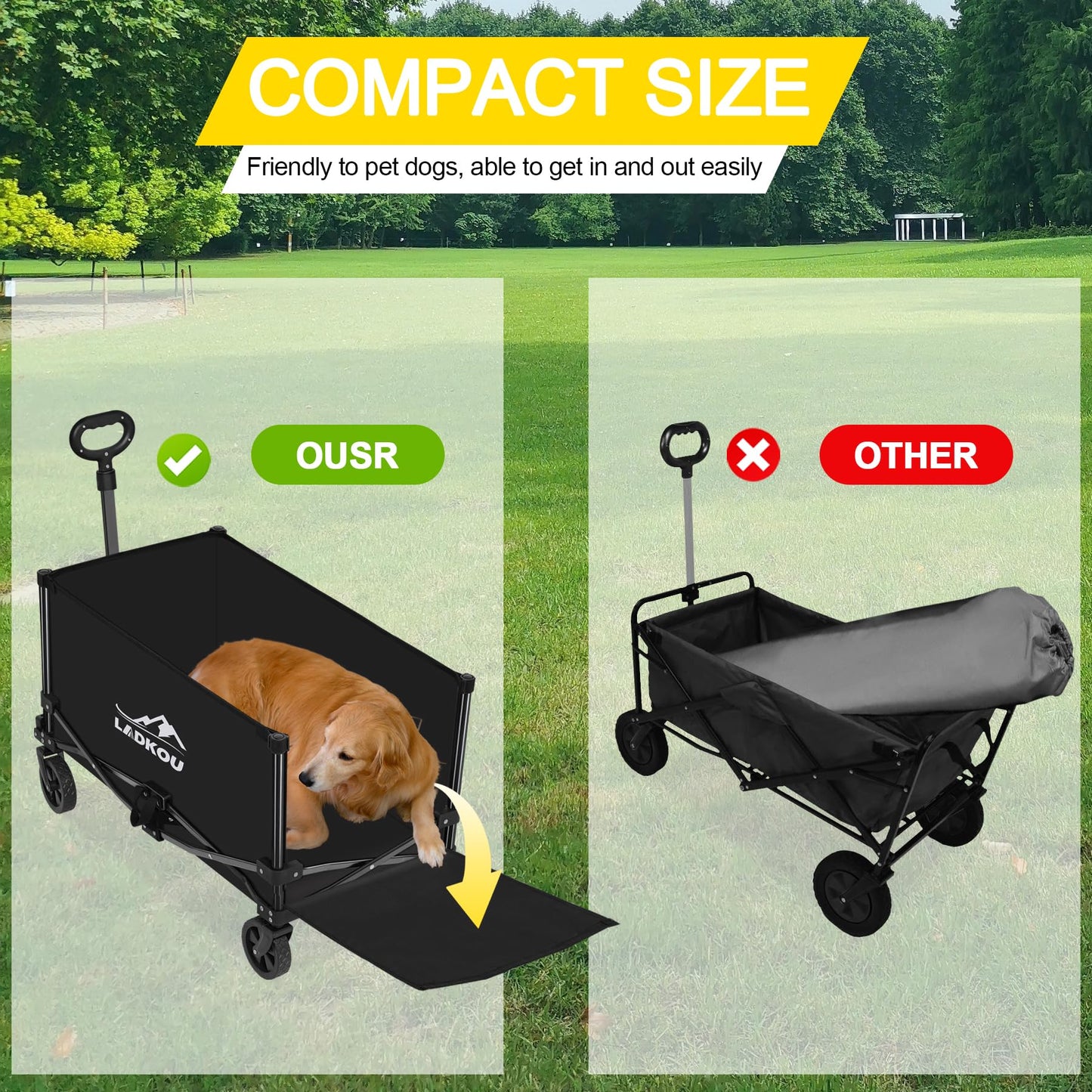 Ladkou Collapsible Foldable Wagon, Heavy Duty Beach Wagon Cart with 140L Capacity and 220LBS Load, Portable Utility Grocery Wagon for Outdoor Camping Garden, Black - WoodArtSupply