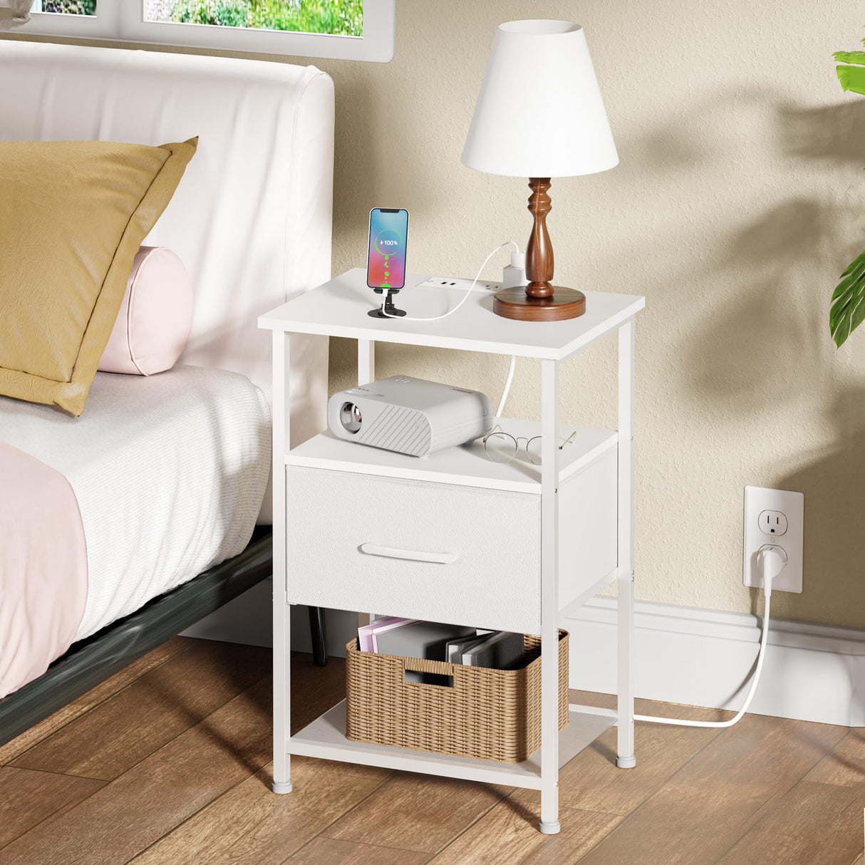 LAKEMID Nightstands Set of 2 with Fast Charging Station and Drawer, End Table Bedside Table with 20 Colors LED Light Strip and 2 Layers Shelf for Bedroom Living Room Sofa Couch (White) LAKEMID