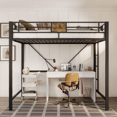 Allewie Black Twin Size Metal Loft Bed Frame with Stairs & Guardrails - Space-Saving Design, No Box Spring Needed