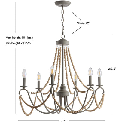 JONATHAN Y JYL9060A Rustica 6-Light 27" Adjustable Greige Metal/Wood Bead LED Chandelier Classic,FrenchCountry,Glam,Transitional Dimmable, for Dining Room, Foyer, Bedroom, Grey/Natural - WoodArtSupply