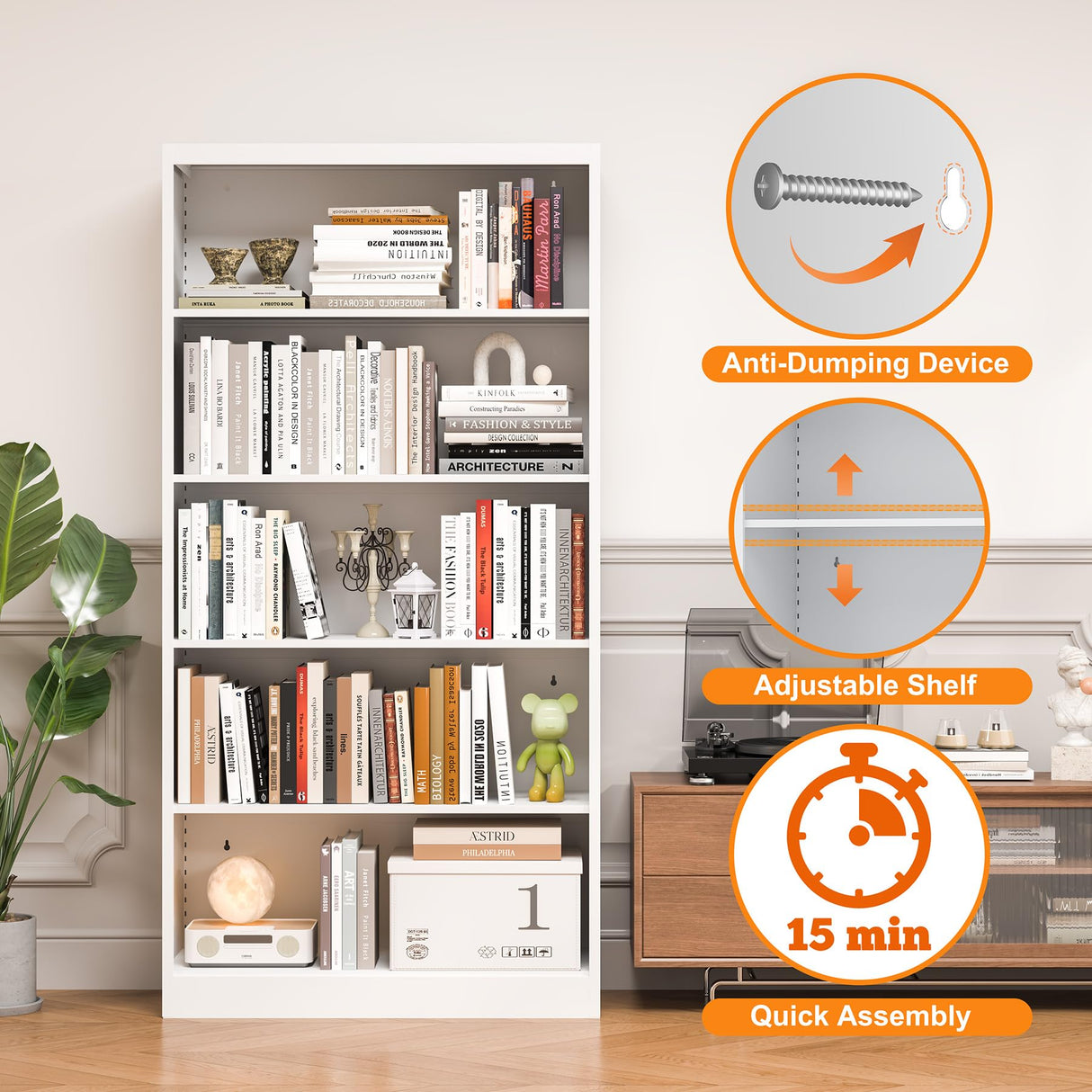 OSEILLC Bookcase,5 Tier White Bookshelves,66" Tall Free Standing Metal Bookcase with Adjustable Storage Shelves, Industrial Wide Bookshelf for Bedroom Living Room Home Office School OSEILLC