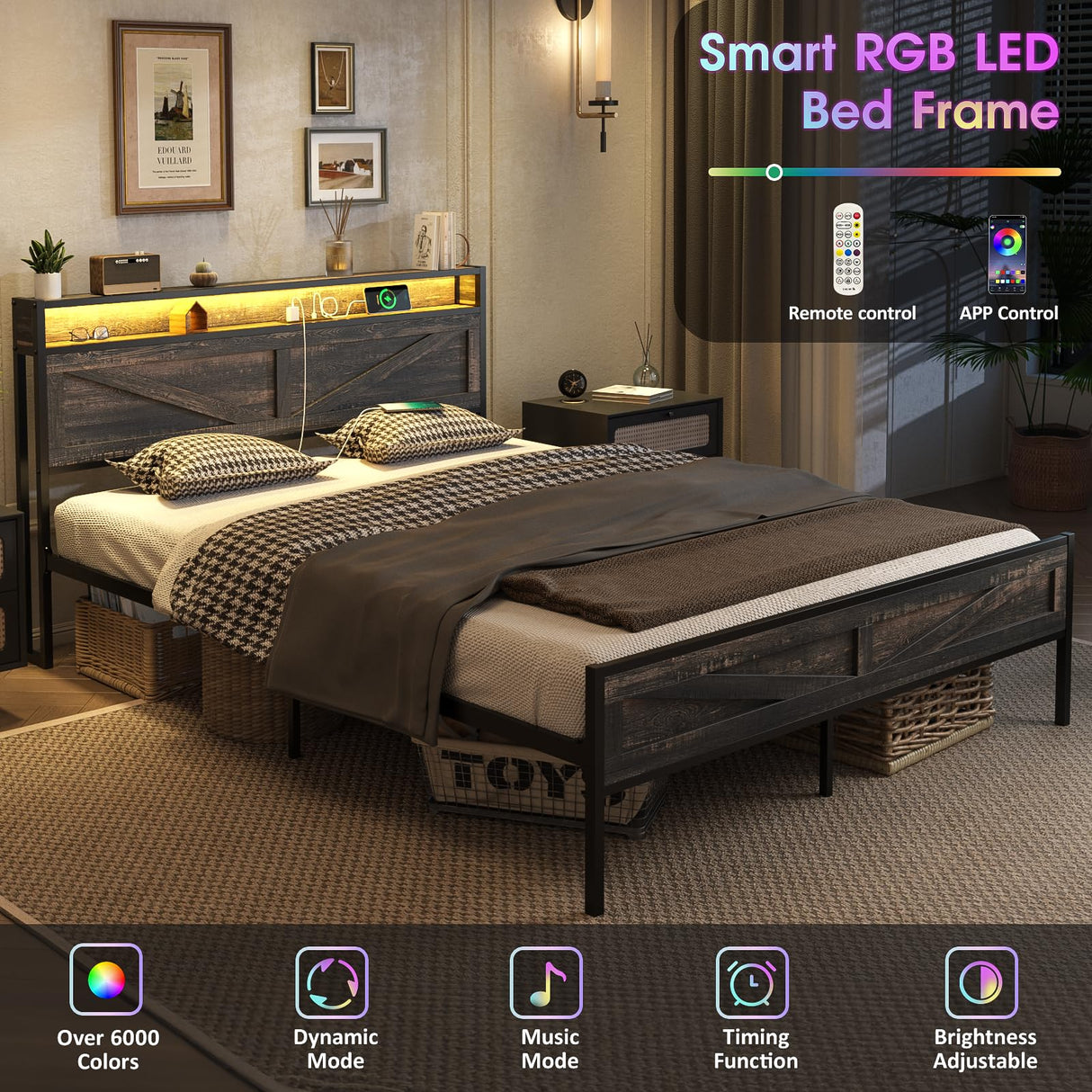 Halitaa Bed Frame Queen Size with Charging Station, Platform Metal Bed with Headboard & Led Light, Farmhouse Storage Bed for Bedroom, No Box Spring Needed Halitaa