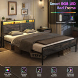 Halitaa Bed Frame Queen Size with Charging Station, Platform Metal Bed with Headboard & Led Light, Farmhouse Storage Bed for Bedroom, No Box Spring Needed Halitaa