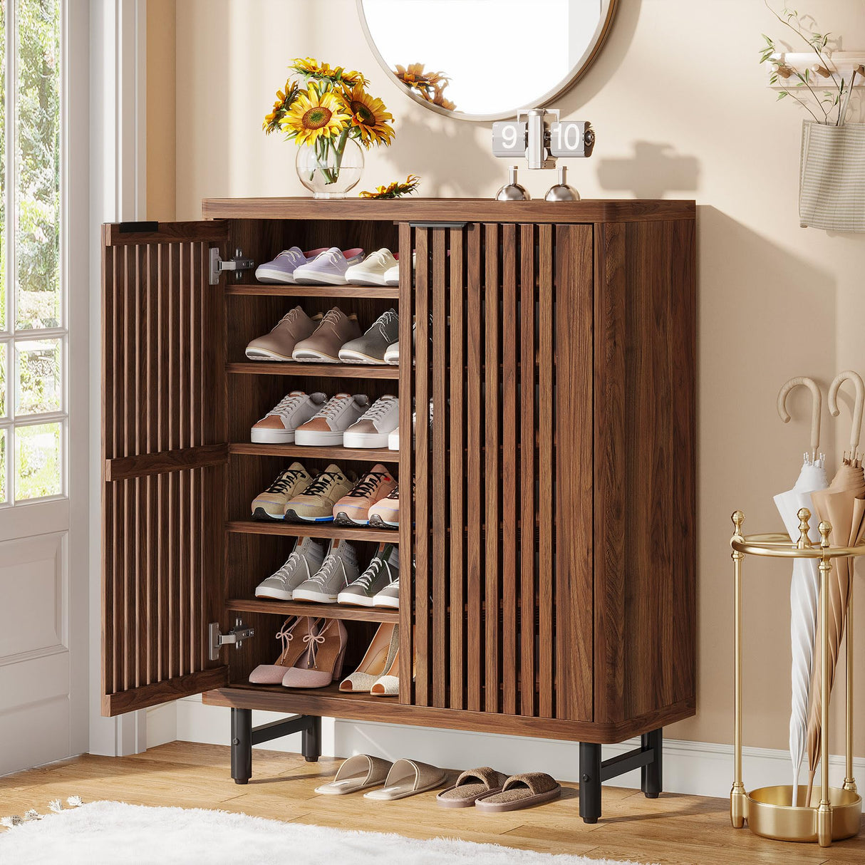 Tribesigns Shoe Cabinet with Shutter Doors, 6-Tier Entryway Shoe Cabinet with Adjustable Shelves, Wooden Modern Rack Organizer for Entryway, Hallway, Closet, Living Room, Walnut Tribesigns