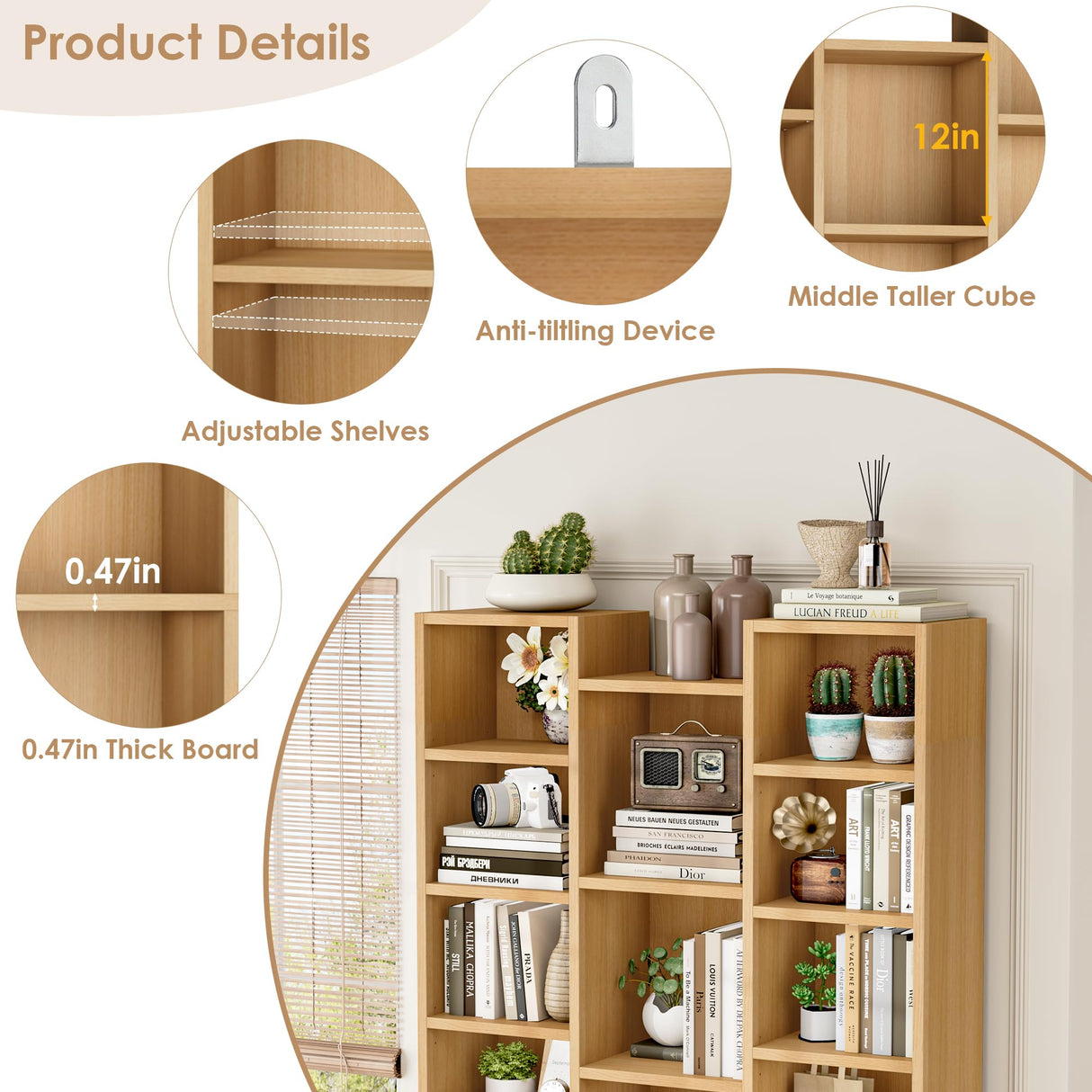 FOTOSOK 71’’ Tall Bookshelf, Triple Wide Bookshelf with Adjustable Shelves, 8 Tier Media CD DVD Storage Rack, Diaplay Cabinet Shelf, Wooden Book Shelf DVD Storage Shelf for Home Office, Natural FOTOSOK