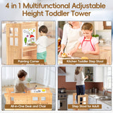 BueDeHai 4 in 1 Kitchen Toddler Step Stool, Wooden Kitchen Toddler Tower with Whiteboard and Safety Rail, Adjustable-Height Kids Learning Standing Tower for Kitchen Counter Bathroom Sink BueDeHai