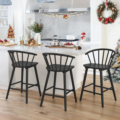 LUE BONA Wood Bar Stools with Semicircular Backrest, Black Farmhouse Barstools Set of 3, Modern Counter Height Bar Stools for Kitchen Island, 24 Inch LUE BONA