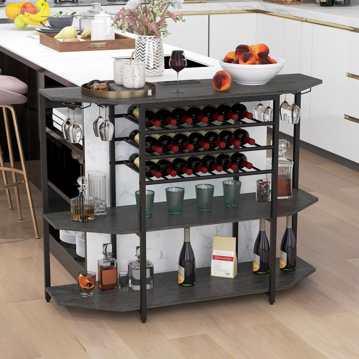 COSTWAY Rustic Grey 3-Tier Wine Bar Cabinet with Charging Station and Ample Storage COSTWAY