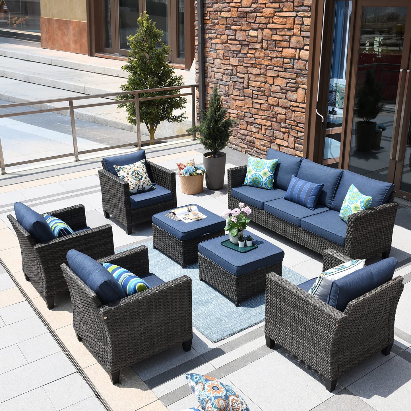 ovios Patio Furniture Set, 7 Pieces Outdoor Wicker Rattan Sofa Couch with 4 Chairs, Ottomans and Comfy Cushions, All Weather High Back Conversation Set Garden Backyard, Denim Blue - WoodArtSupply