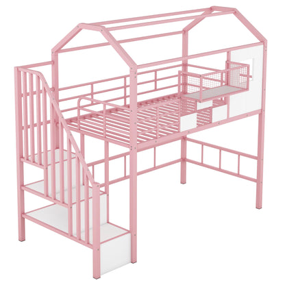 Twin Loft Bed with Storage Stairs and Guardrails in Pink, House-Style Design by Bellemave - WoodArtSupply