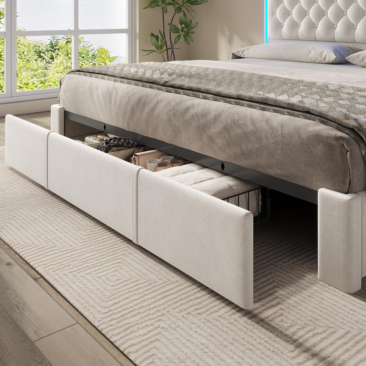 HAUOMS Queen Bed Frame with 3 XL Storage Drawers, Storage Headboard with RGB Lights & Charging Station, Velvet Upholstered Platform Bed Queen Size, No Box Spring Needed, Noise-Free, Creamy White HAUOMS