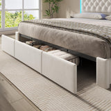 HAUOMS Queen Bed Frame with 3 XL Storage Drawers, Storage Headboard with RGB Lights & Charging Station, Velvet Upholstered Platform Bed Queen Size, No Box Spring Needed, Noise-Free, Creamy White HAUOMS