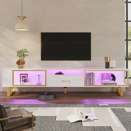 Bestier 80 Inch TV Stand for 65/75/85/90 Inch TVs, LED Gaming Entertainment Center with Open Storage and Half-Glass Design Drawer, Modern High Gloss Media Console for Living Room, White and Gold Bestier
