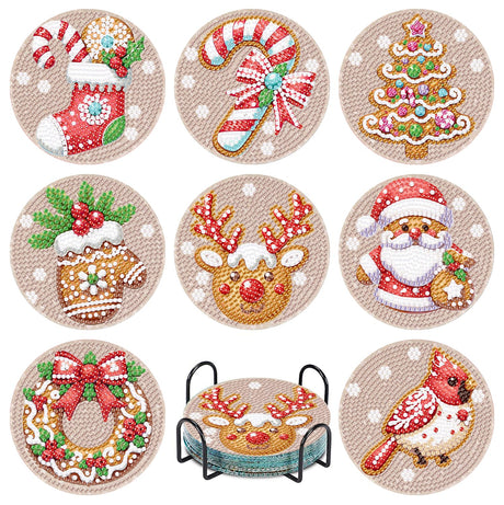 8 Pcs Diamond Art Coasters for Adults,5D DIY Diamond Painting Coasters Kit with Holder,Easy Christmas Diamond Painting for Beginners,Holiday Decor. Amzdiyfun