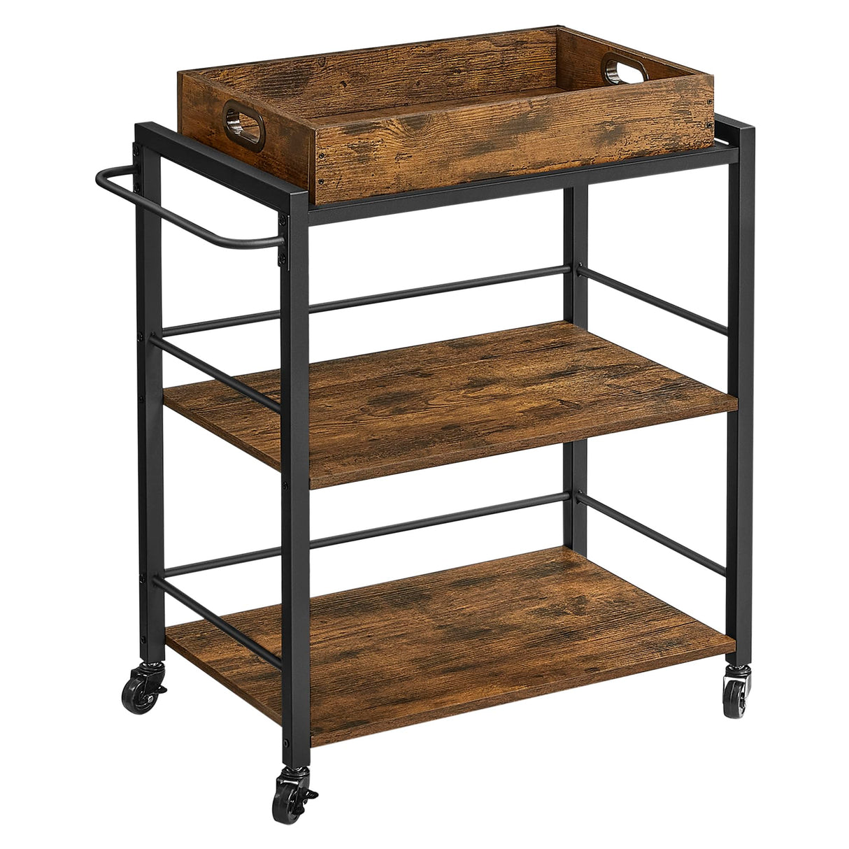 VASAGLE Kitchen Serving Cart with Removable Tray, 3-Tier Kitchen Utility Cart on Wheels with Storage, with Brakes, Leveling Feet, 15.7 x 28.3 x 33.9 Inches, Rustic Brown and Black ULRC72X VASAGLE