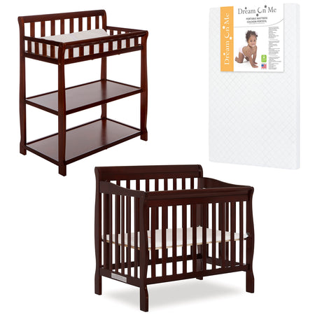 Dream On Me Nursery Essentials Bundle of Dream On Me Aden Convertible 4-in-1 Mini Crib, Dream On Me Ashton Changing-Table, with a Dream On Me Sunset 3” Extra Firm Fiber Portable Crib Mattress Dream On Me