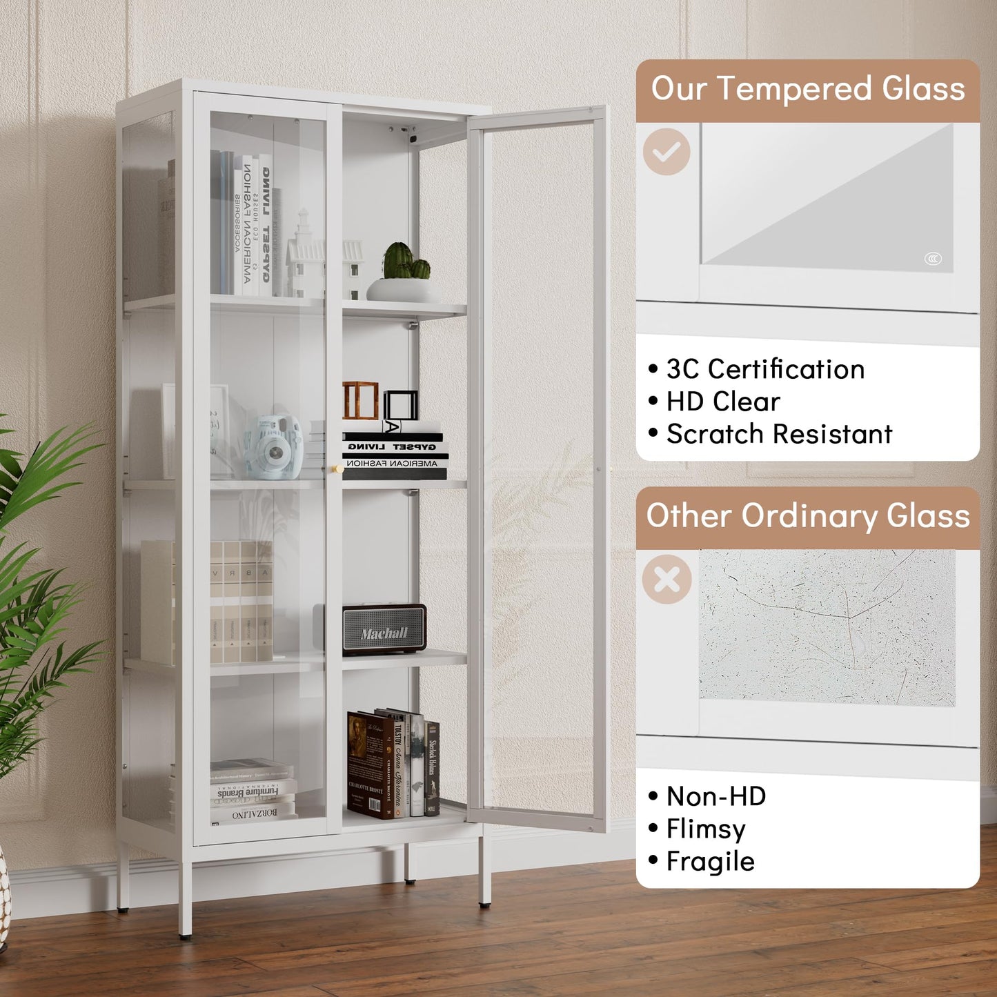 Polup Glass Display Cabinet with Doors and Shelves, White Curio Cabinet with 3 Side Tempered Glass, 66 Inch Tall Display Case for Collectibles, Metal Storage Cabinet for Living Room, Assemble Required